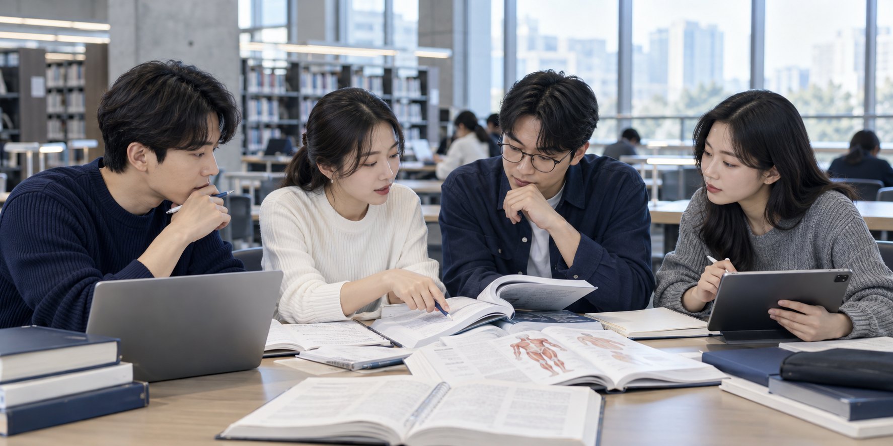교재와 노트북을 보며 함께 공부하는 한국인 수험생들을 표현한 이미지